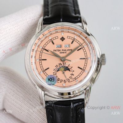 Swiss Copy Patek Philippe Perpetual Calendar 40mm Watch With Salmon Dial Leather Strap